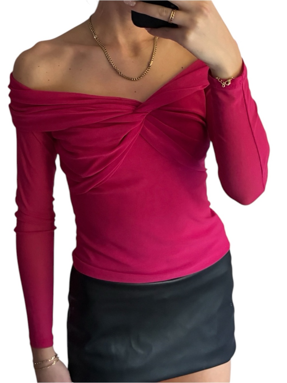 Steve Madden Fuchsia Off-Shoulder Twist Long-Sleeve Top